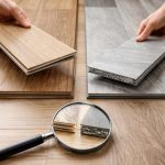 два образца напольных покрытий виниловый ламинат и кварц винил в разрезе на полу