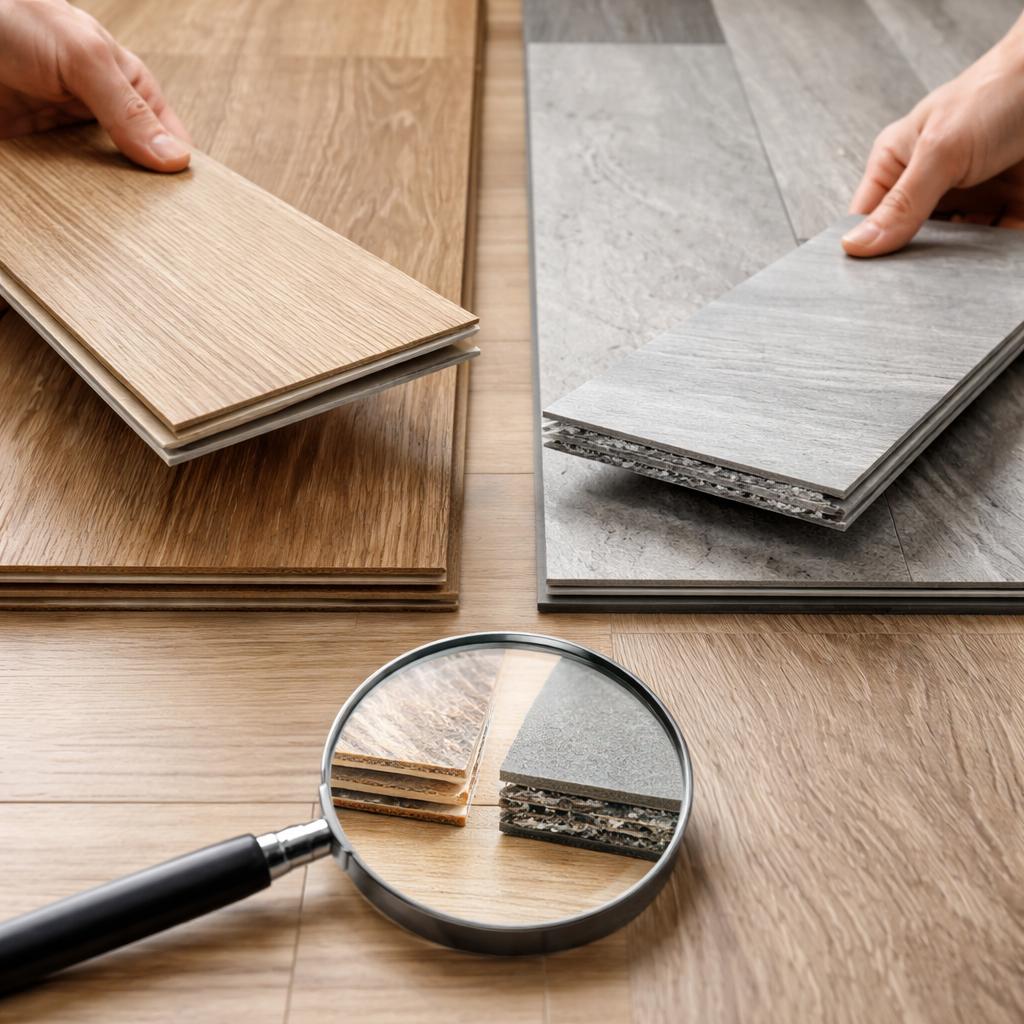 два образца напольных покрытий виниловый ламинат и кварц винил в разрезе на полу